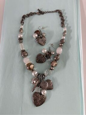 Lia sophia Silver-Tone Heart Charm Necklace and Earring Set in White and Silver